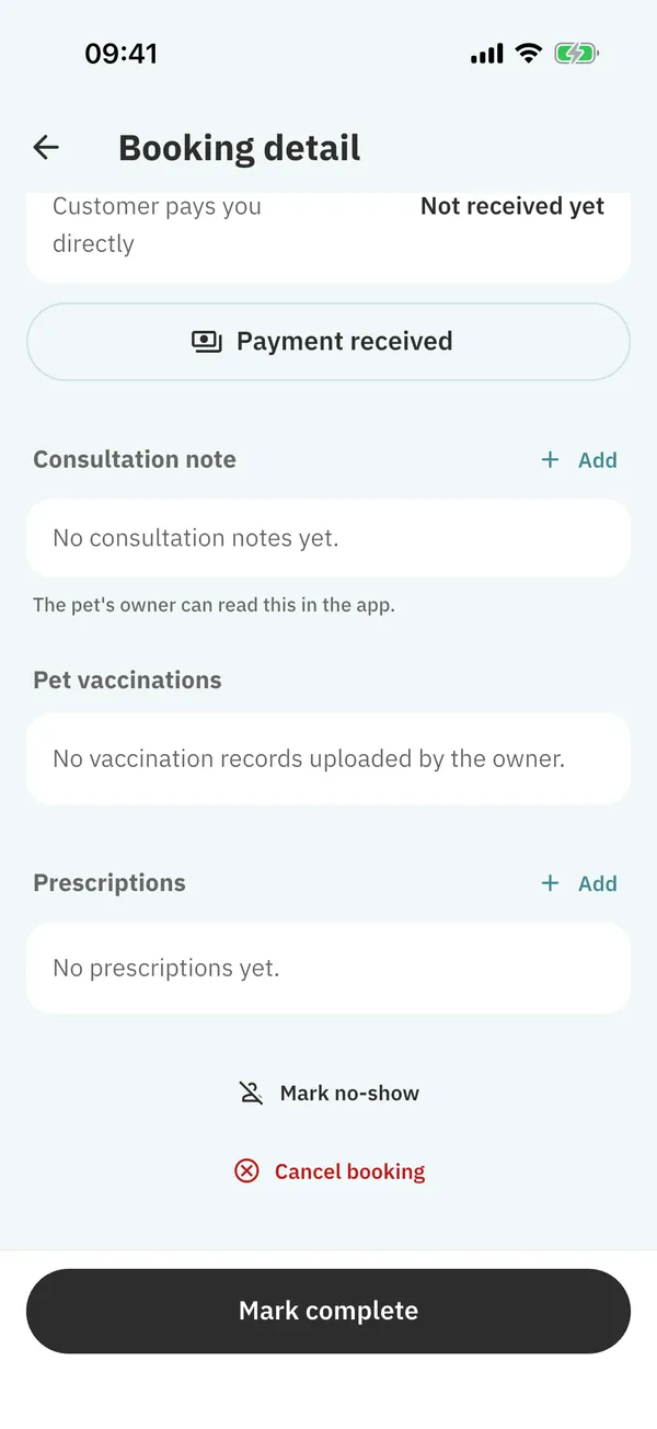 The end of a clinic booking page with the consultation note, Mark no-show and Cancel booking.
