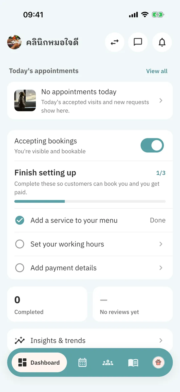 A clinic's Dashboard with the Accepting bookings switch and the Finish setting up card listing three steps.