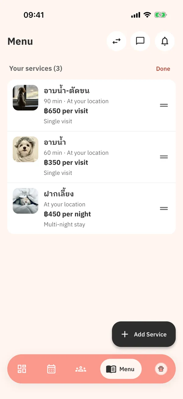 The Menu tab in reorder mode, with a drag handle on each service and the Done button.