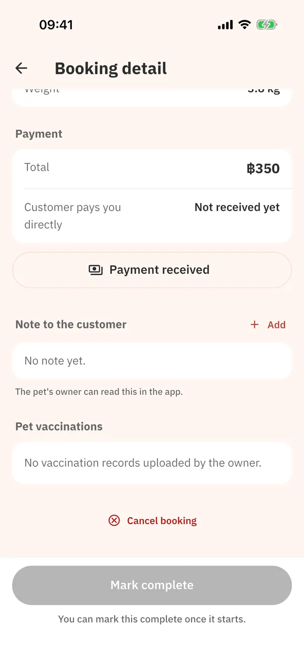 The Payment section of a shop booking, showing Not received yet and the Payment received button.