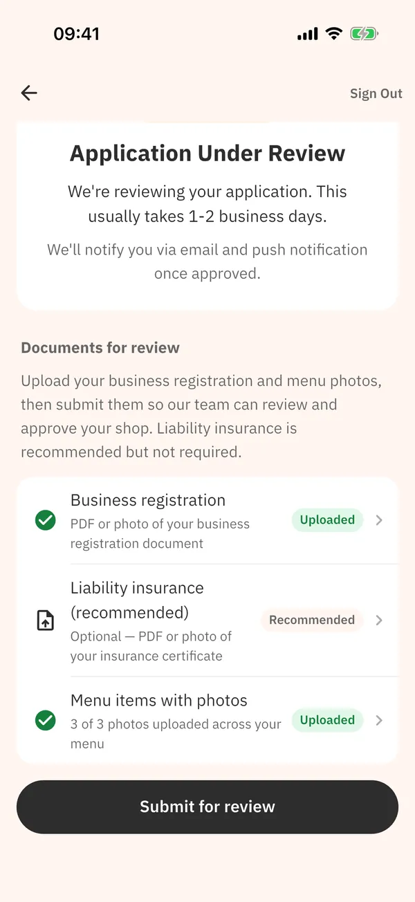 A shop's Application Under Review screen with the Documents for review checklist and the Submit for review button.